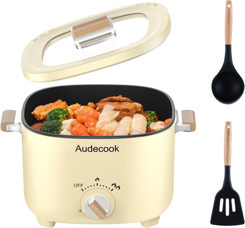 Audecook Hot Pot Electric, 2.5L Portable Nonstick Multicooker for 1-3 Persons, Honeycomb Texture Travel Electric Skillet with Dual Power Temperature Control for Steak/Egg/Noodles/Oatmeal (Beige) - Image 1